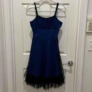 Justice Size 14 Blue with black polka dots girls  Party Dress sheer lined Nettin